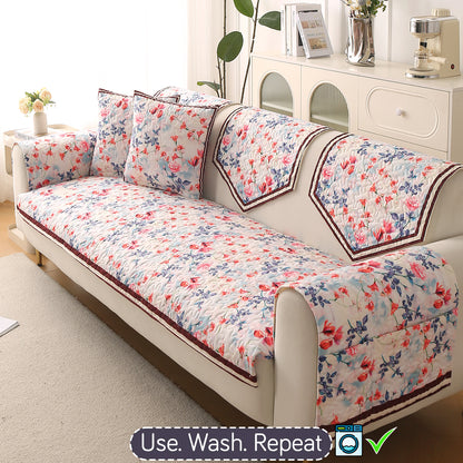 Florentina Series Printed Holland Velvet Sofa Mat - Scarlet Rose Ivory