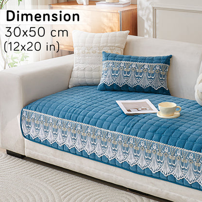 Premium Milk Velvet Sofa Cushion Cover with Lace Design, Celdaon Blue