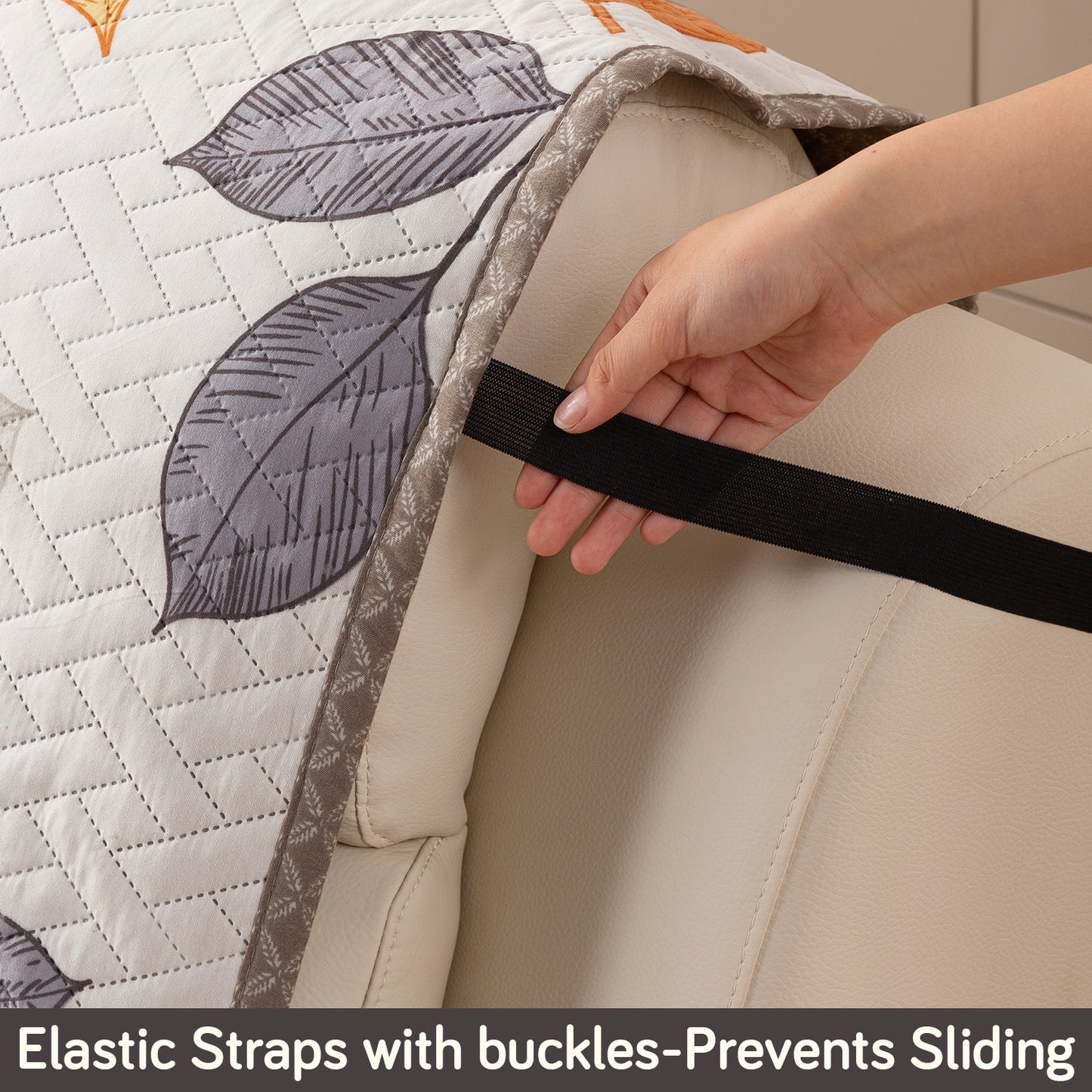 Quilted Cover for Recliner Sofa with SecureFit Belt & Side Pocket, Multicolor Leaves