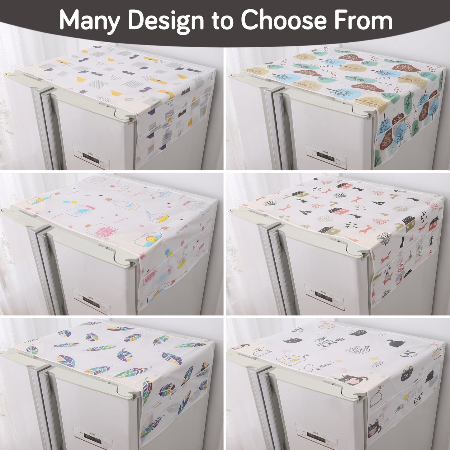Small / Large Fridge Cover Top | For Smaller Single Door, Double Door and Bigger Double Door Refrigerator - Waterproof, Printed with 6 Side Pockets, Whimsical Bottles