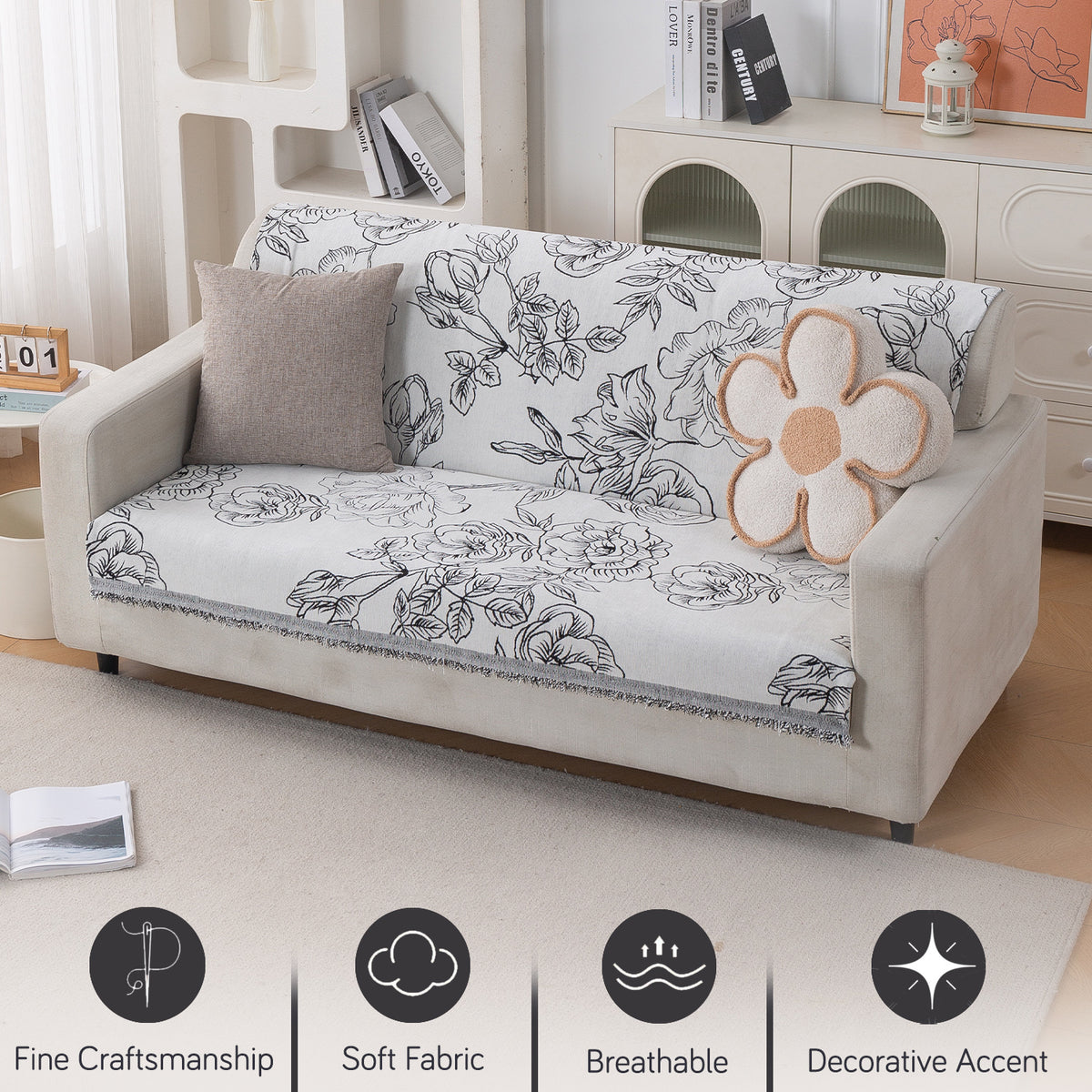 Premium 320 GSM Chenille Sofa Cover 'Serene Abode Series', White Rose Garden