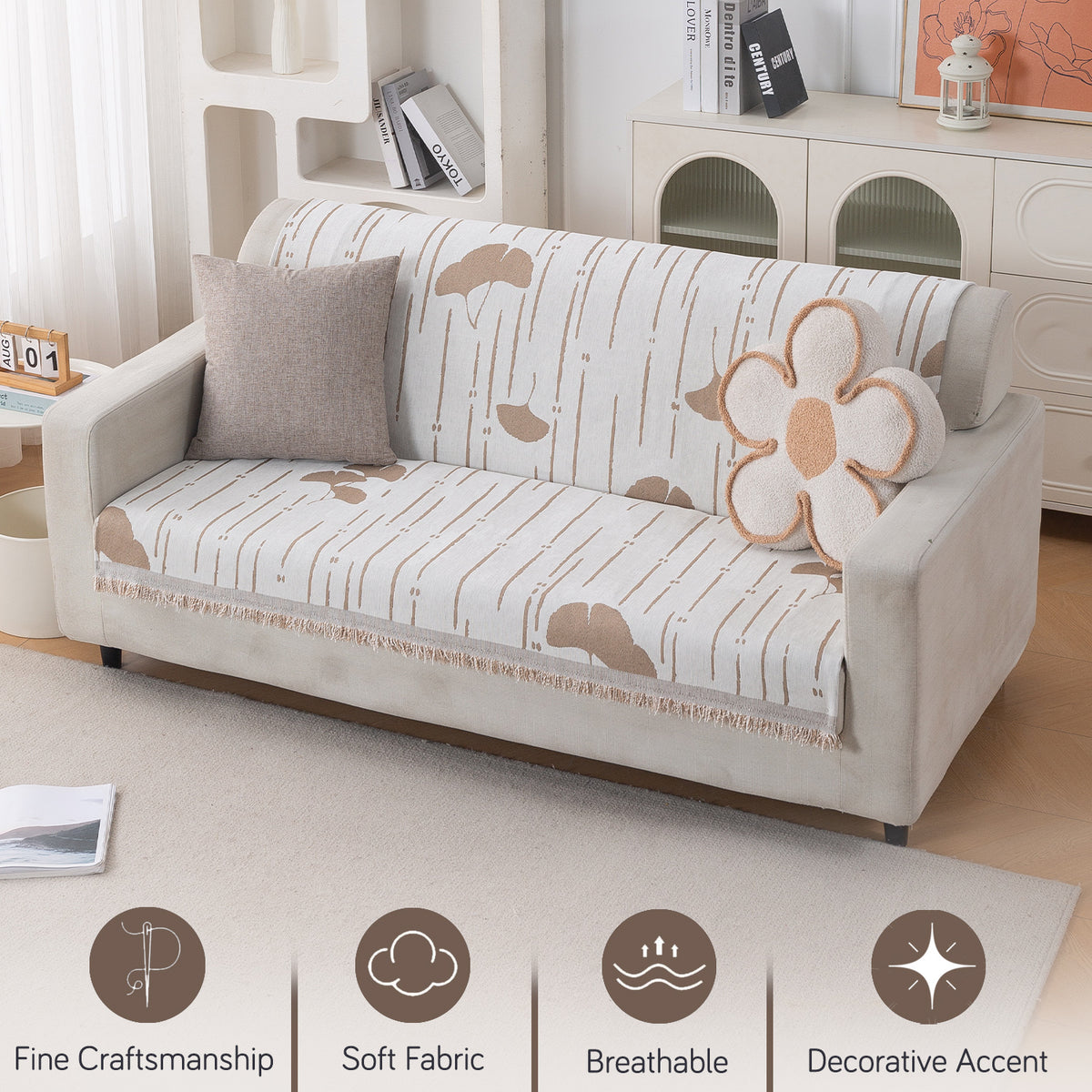 Premium 320 GSM Chenille Sofa Cover 'Serene Abode Series', Beige Ginkgo Lines