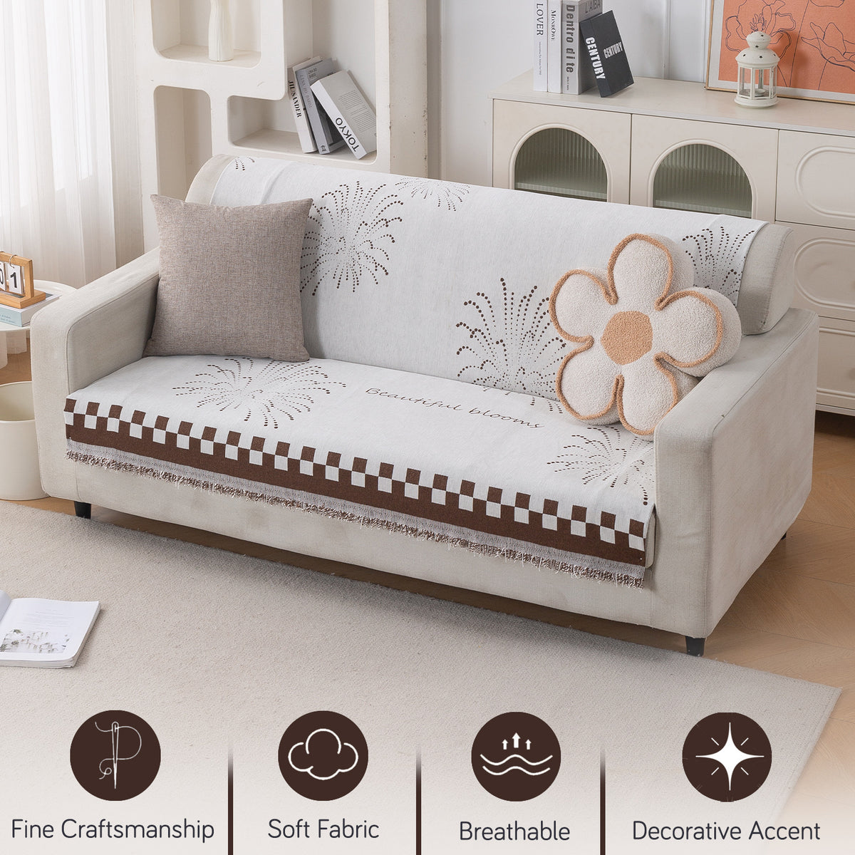 Premium 320 GSM Chenille Sofa Cover 'Serene Abode Series', Brown Dot Burst