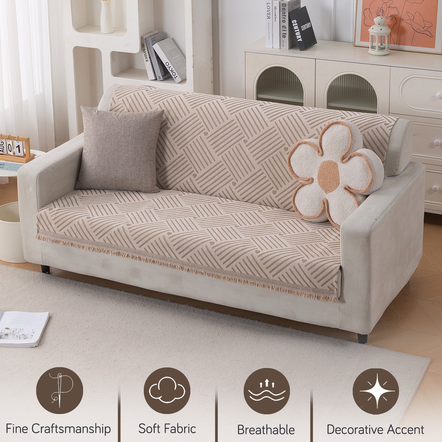 Premium 320 GSM Chenille Sofa Cover 'Serene Abode Series', Beige Geo Weave