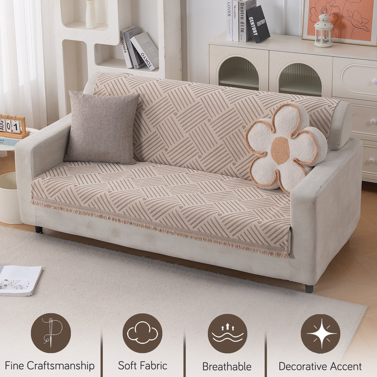 Premium 320 GSM Chenille Sofa Cover 'Serene Abode Series', Beige Geo Weave
