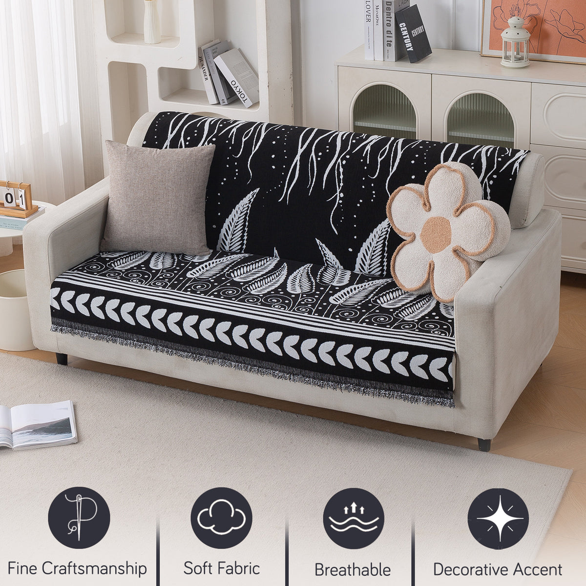 Premium 320 GSM Chenille Sofa Cover 'Serene Abode Series', Black Fern Tribal