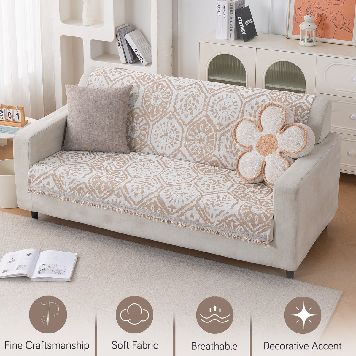 Premium 320 GSM Chenille Sofa Cover 'Serene Abode Series', Boho Floral Tile