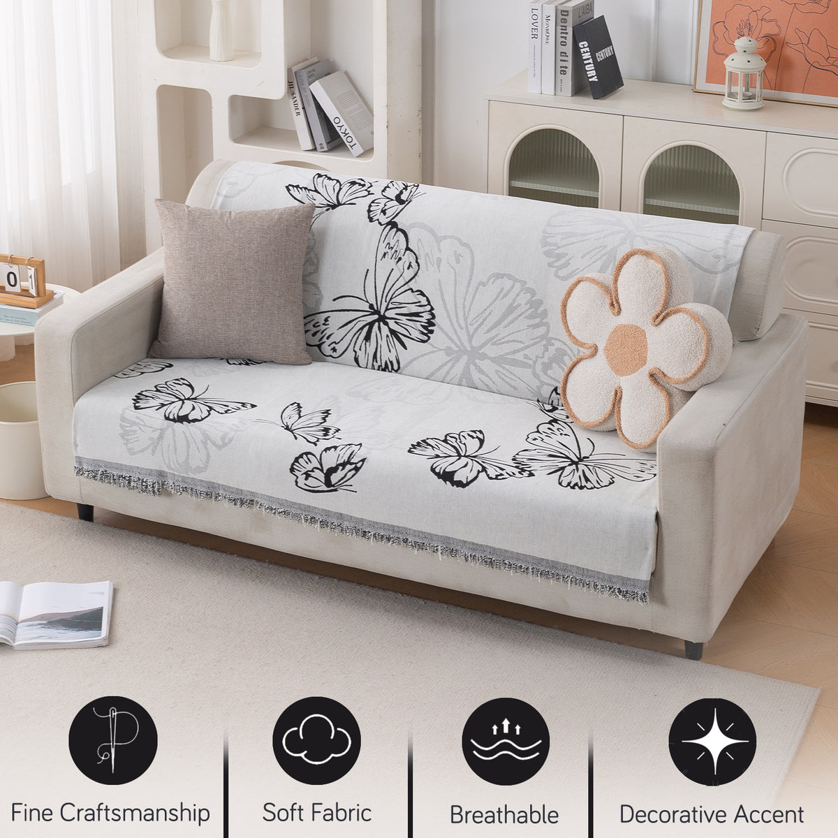 Premium 320 GSM Chenille Sofa Cover 'Serene Abode Series', Monochrome Butterfly