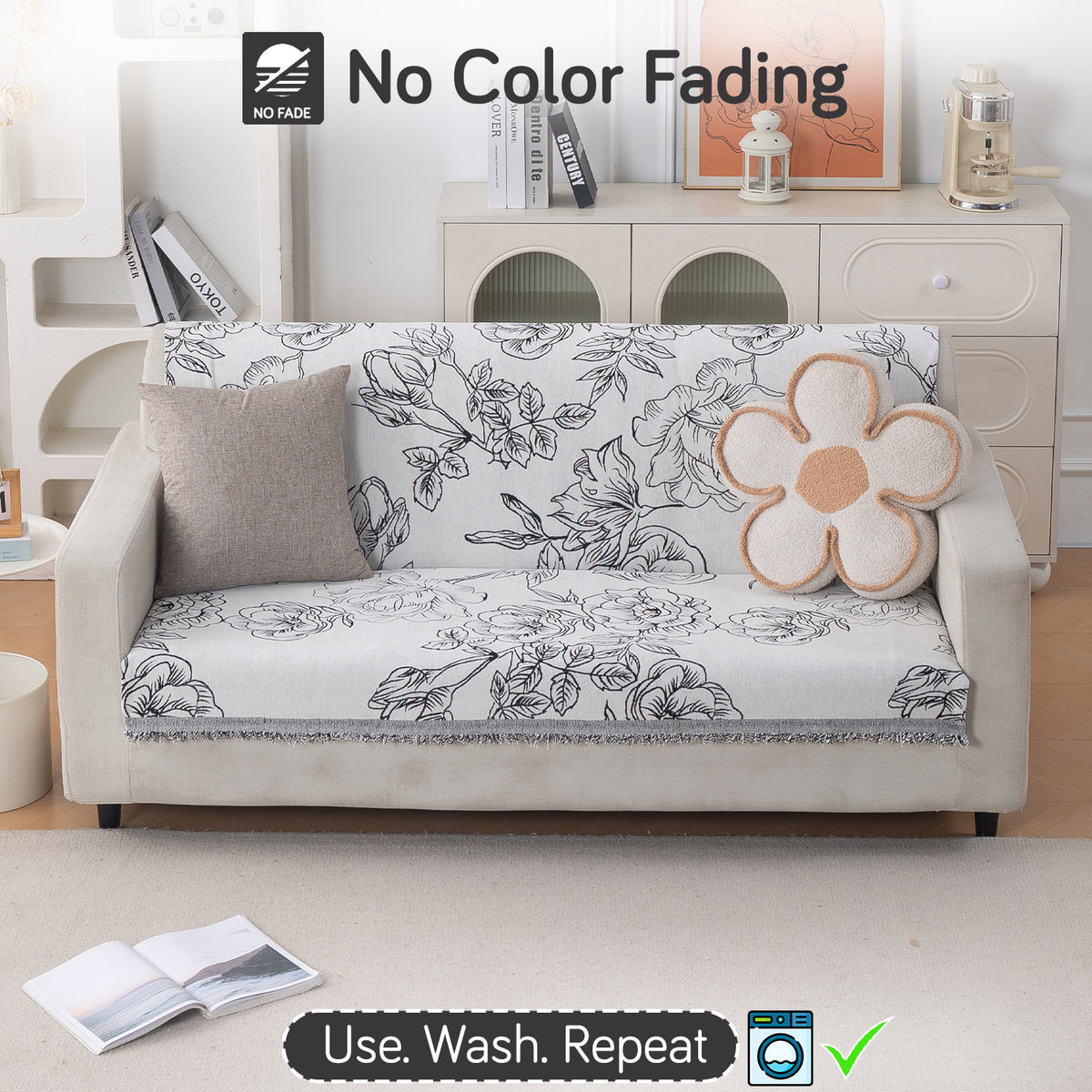 Premium 320 GSM Chenille Sofa Cover 'Serene Abode Series', White Rose Garden