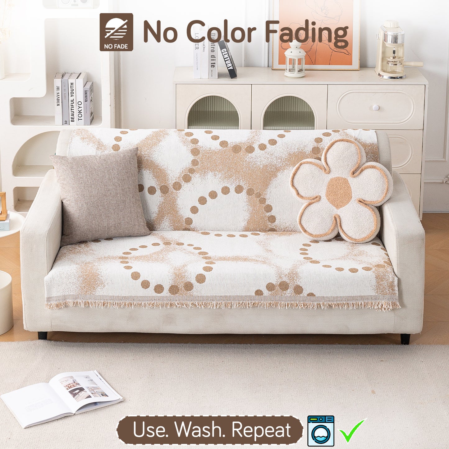 Premium 320 GSM Chenille Sofa Cover 'Serene Abode Series', Latte Dotted Wave
