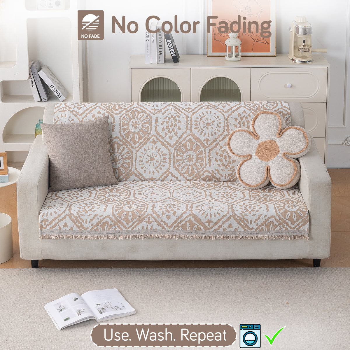 Premium 320 GSM Chenille Sofa Cover 'Serene Abode Series', Boho Floral Tile