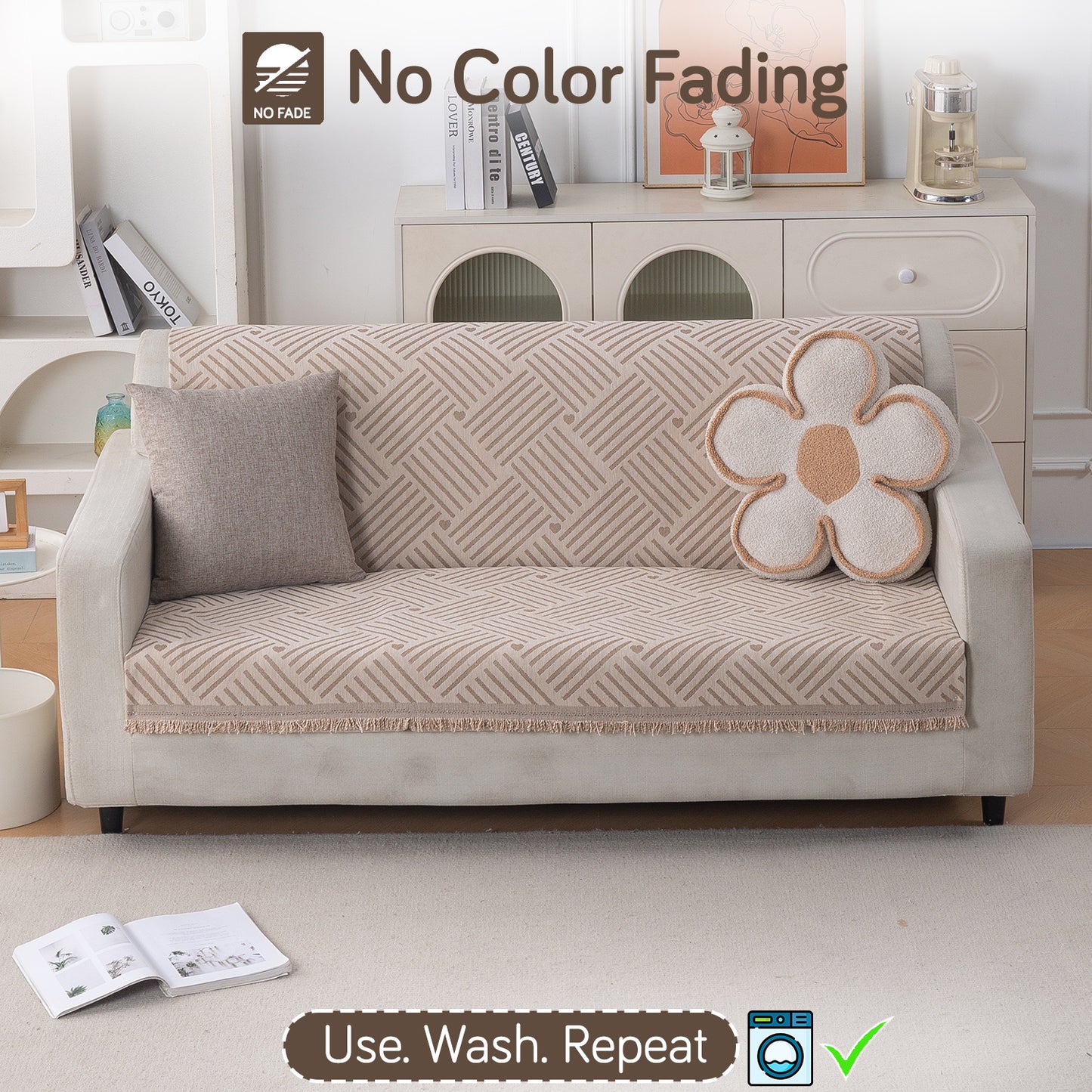 Premium 320 GSM Chenille Sofa Cover 'Serene Abode Series', Beige Geo Weave