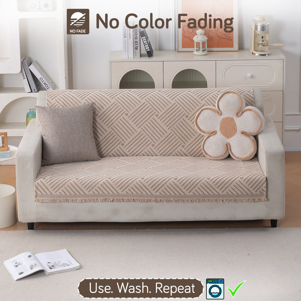 Premium 320 GSM Chenille Sofa Cover 'Serene Abode Series', Beige Geo Weave