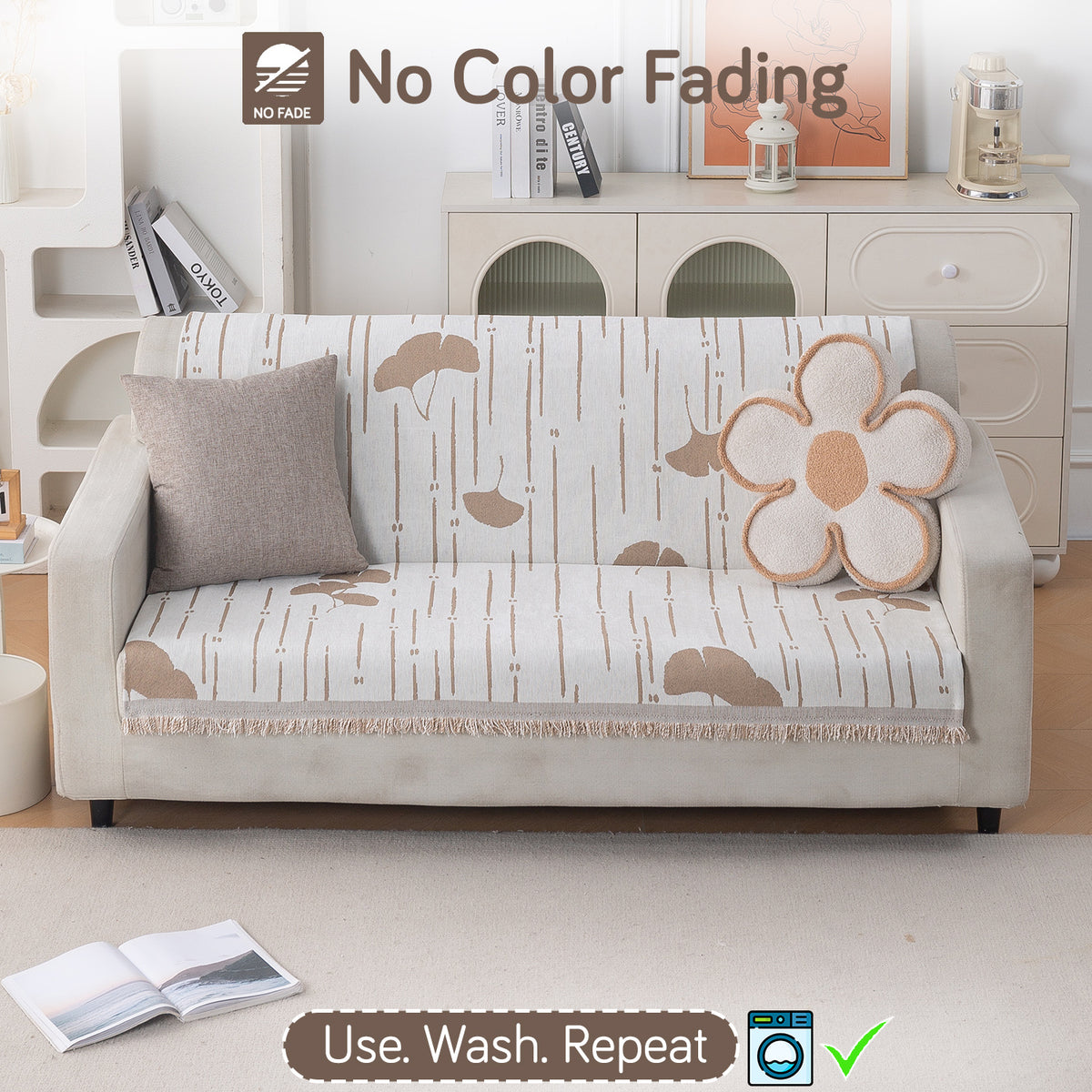Premium 320 GSM Chenille Sofa Cover 'Serene Abode Series', Beige Ginkgo Lines