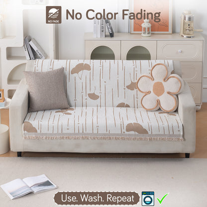 Premium 320 GSM Chenille Sofa Cover 'Serene Abode Series', Beige Ginkgo Lines