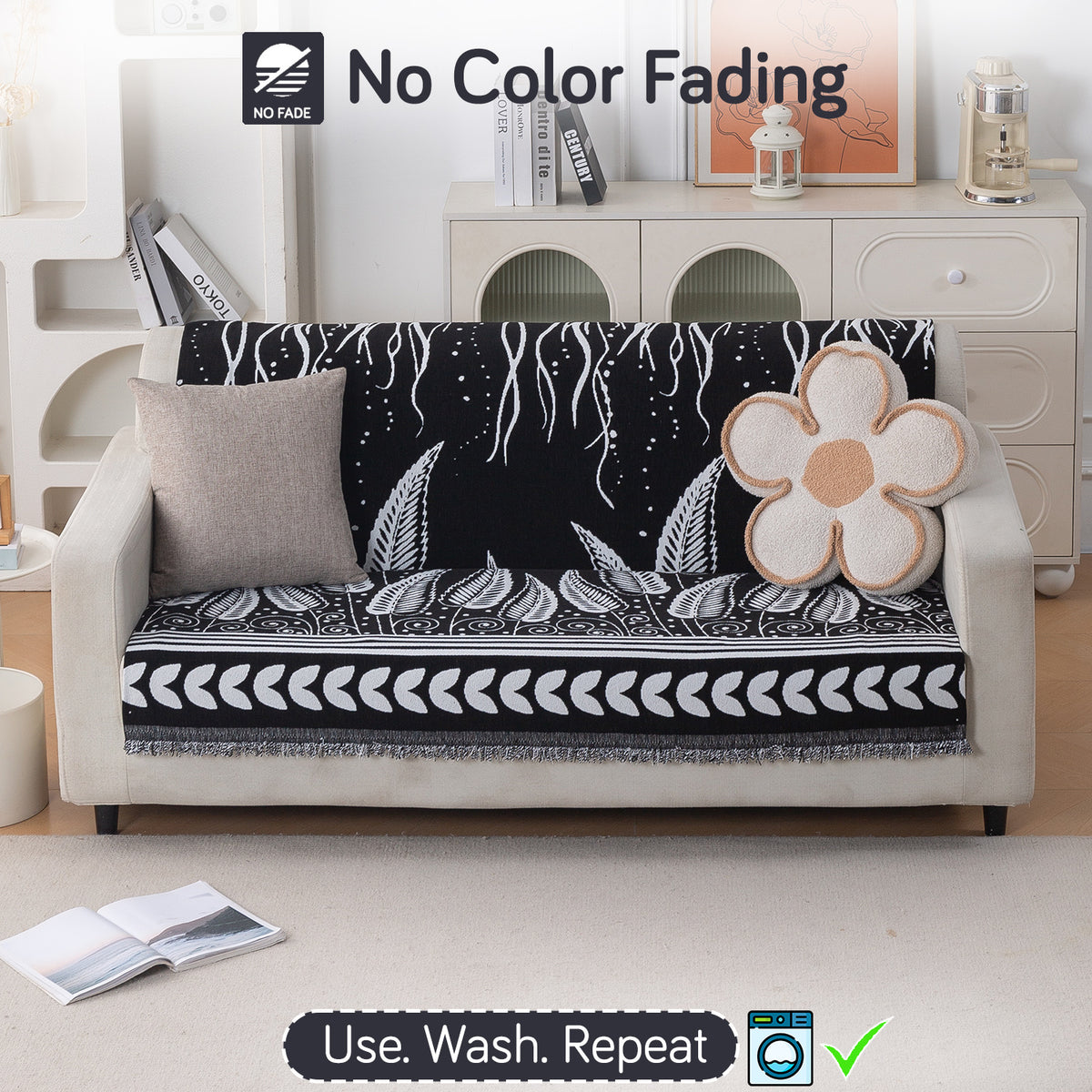 Premium 320 GSM Chenille Sofa Cover 'Serene Abode Series', Black Fern Tribal