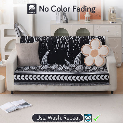 Premium 320 GSM Chenille Sofa Cover 'Serene Abode Series', Black Fern Tribal