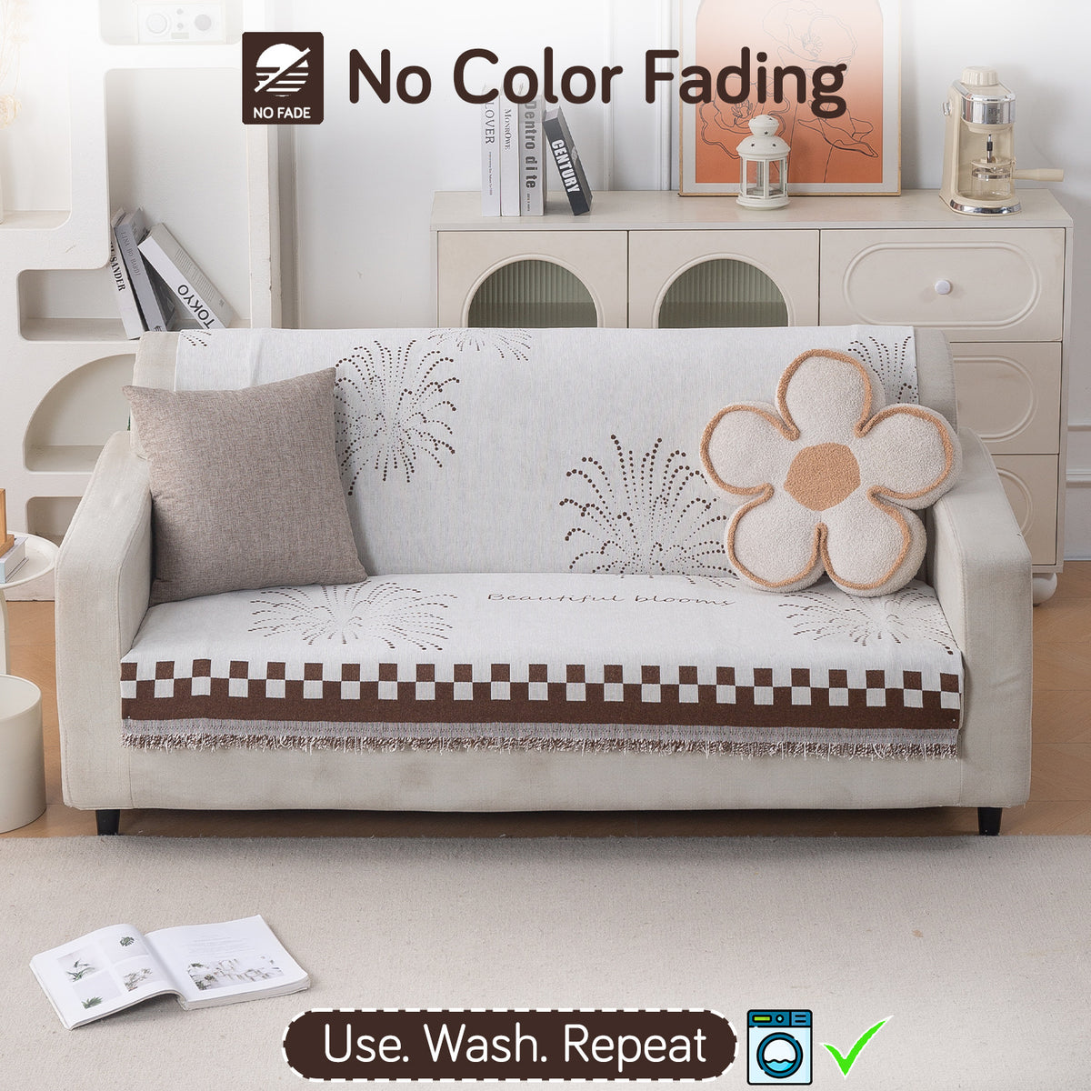 Premium 320 GSM Chenille Sofa Cover 'Serene Abode Series', Brown Dot Burst