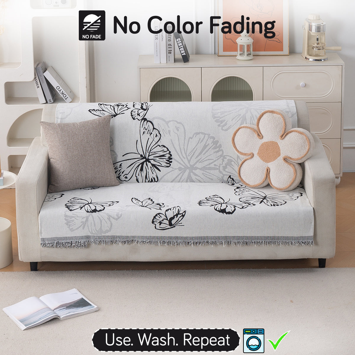 Premium 320 GSM Chenille Sofa Cover 'Serene Abode Series', Monochrome Butterfly