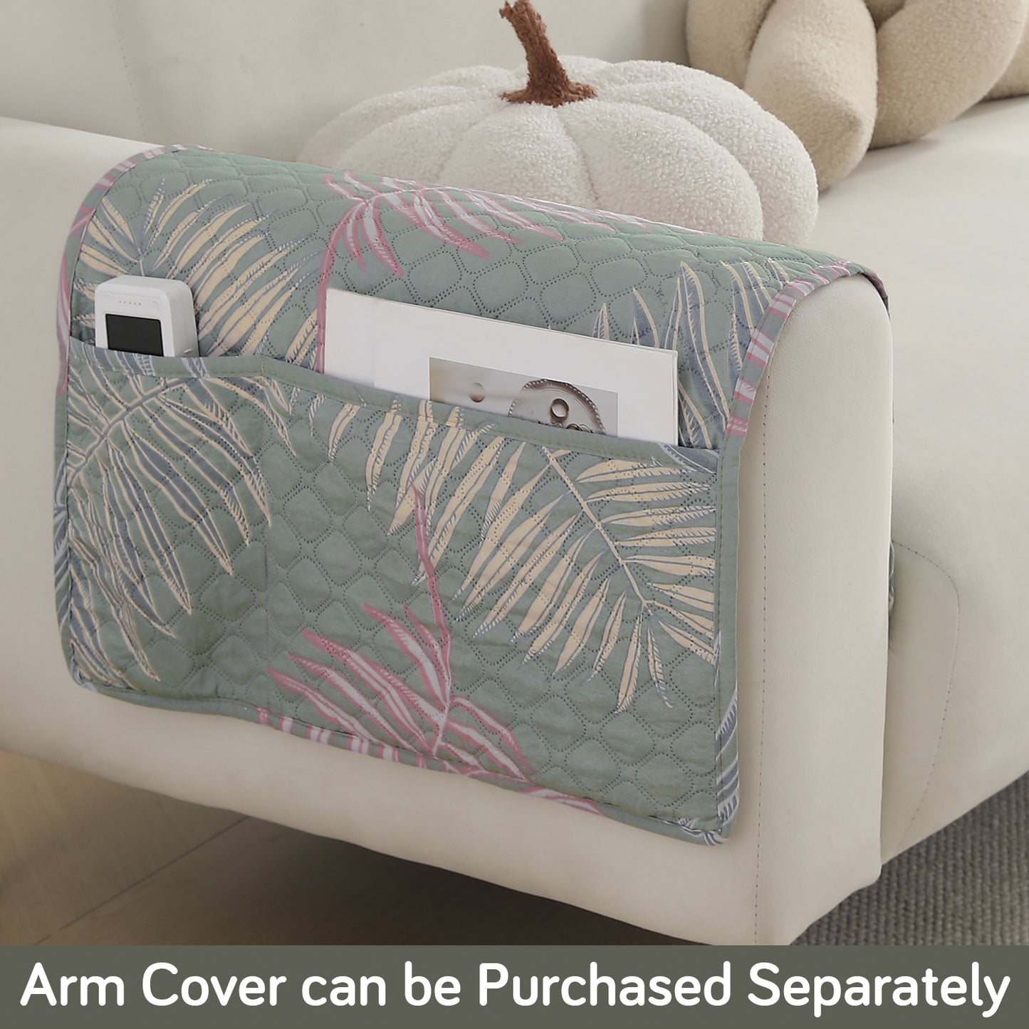 Polyester Printed Quilted Sofa Cover Mats, Tropical Leaves Pastel Green