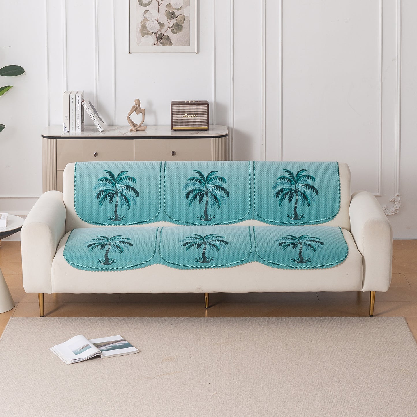 HeavenHue Fleece Soft Touch Quilted Sofa Cover Set Washable Sofa Panel for Seat & Back - Island Breeze
