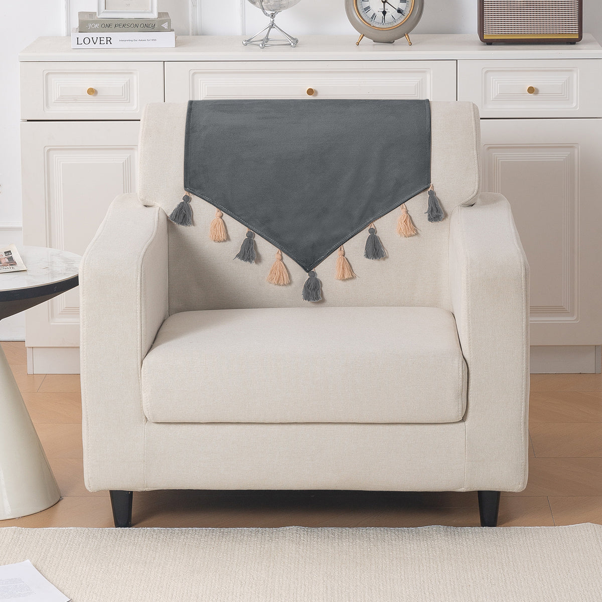 Tassel Tone Holland Velvet Sofa Cover Mat, Graphite Grey