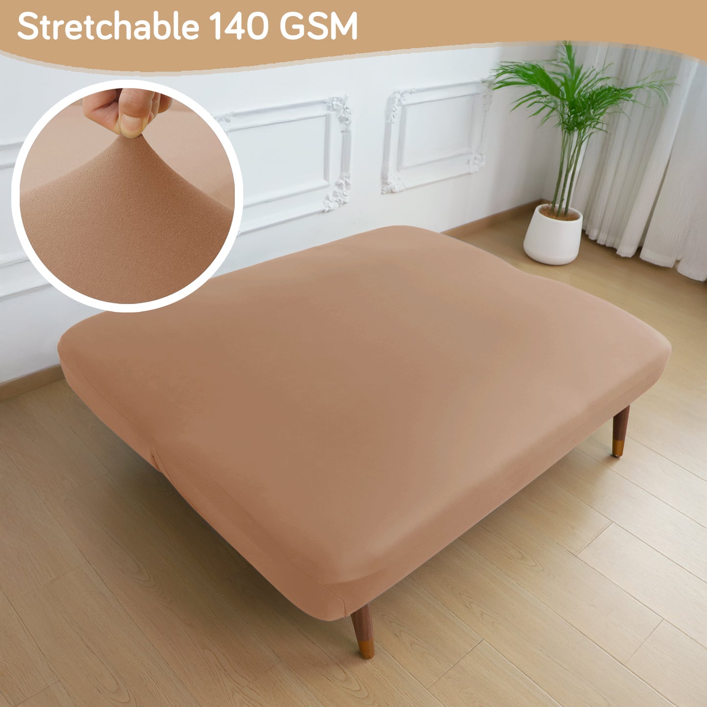 SereneSolids Stretchable Elastic Armless Sofa Cover – 140 GSM, Futon Slipcover, Easy Fit, Camel