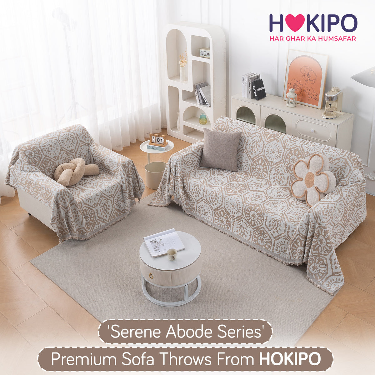 Buy Boho Floral Tile Serene Abode Chenille Sofa Throw for 2+1 Sofa Sets | HOKIPO