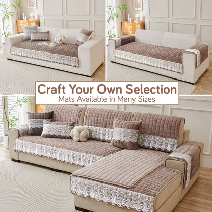 BelleLace Series Premium Imperial Milk Velvet Sofa Cover Mat with Lace Design -  Mocha Brown