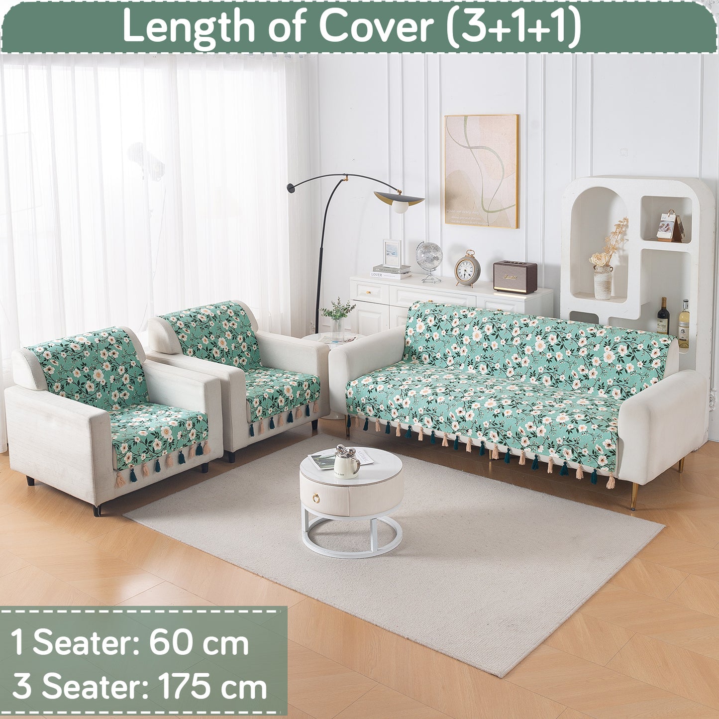 Holland Velvet 5-Seater Sofa Cover with Tassel (3+1+1), Sage Floral Vine