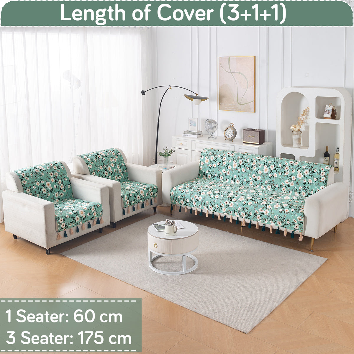 'Whispers of Nature' Series Holland Velvet Sofa Cover with Tassel, Sage Floral Vine