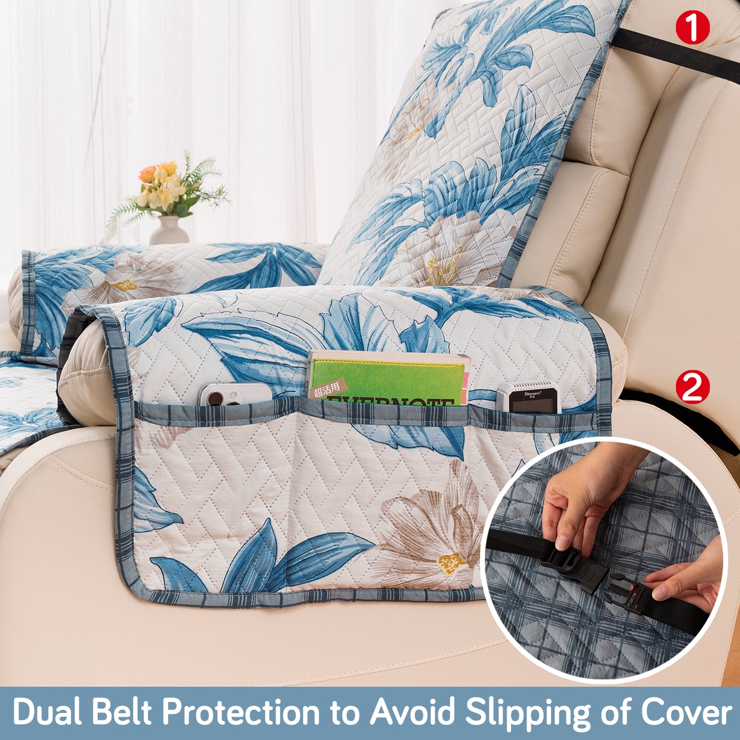 Quilted Cover for Recliner Sofa with SecureFit Belt & Side Pocket, Celadon Blue Camellia