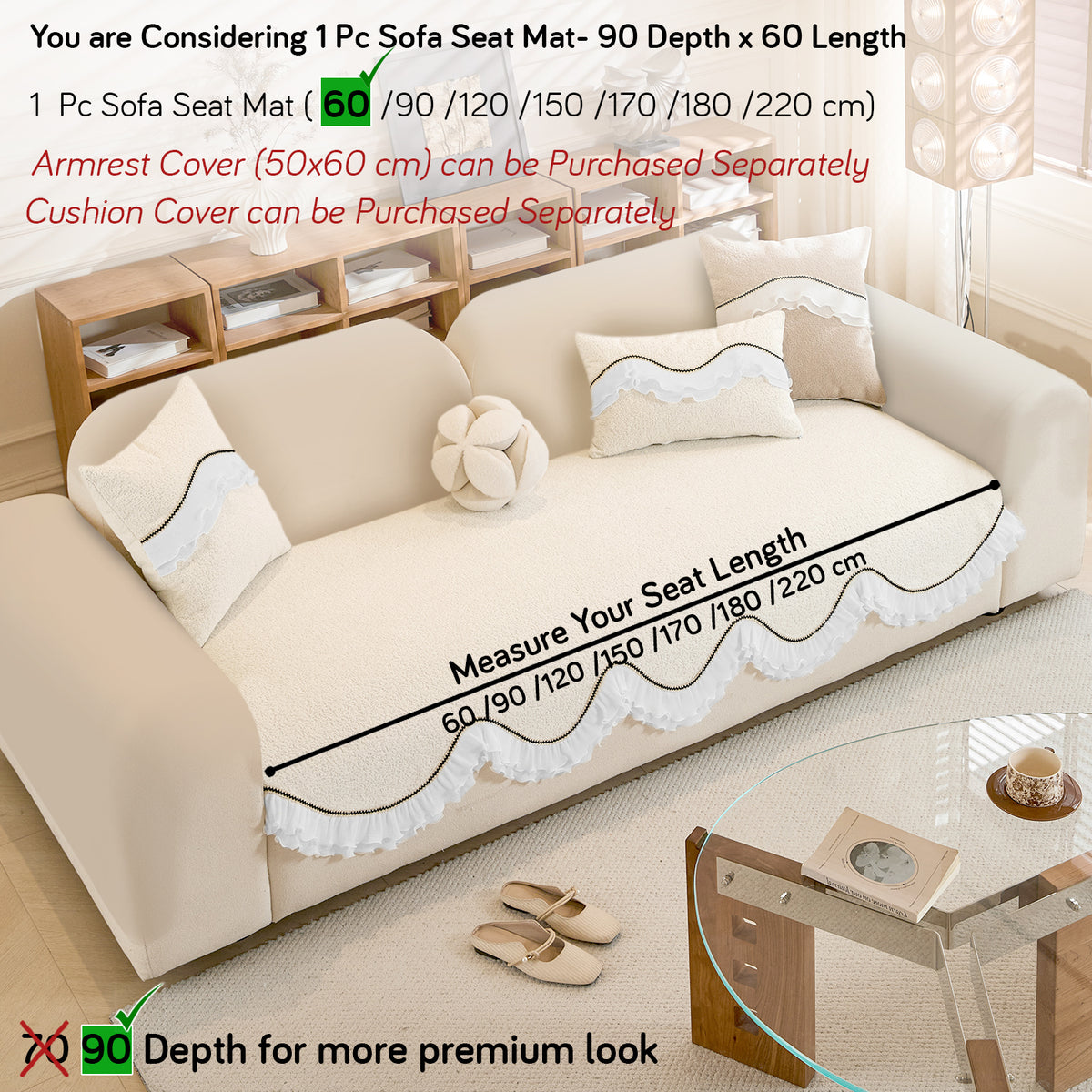 French Classic Frill Wavy Sofa Cover Mat, Snow White Ivory