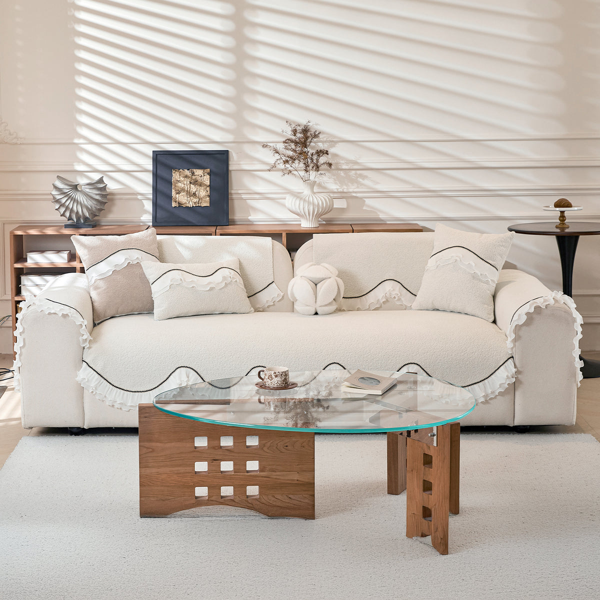 French Classic Frill Sofa Cushion Cover with Elegant Wavy Lace Design - Snow White Ivory