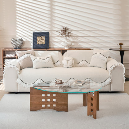 French Classic Frill Sofa Cushion Cover with Elegant Wavy Lace Design - Snow White Ivory