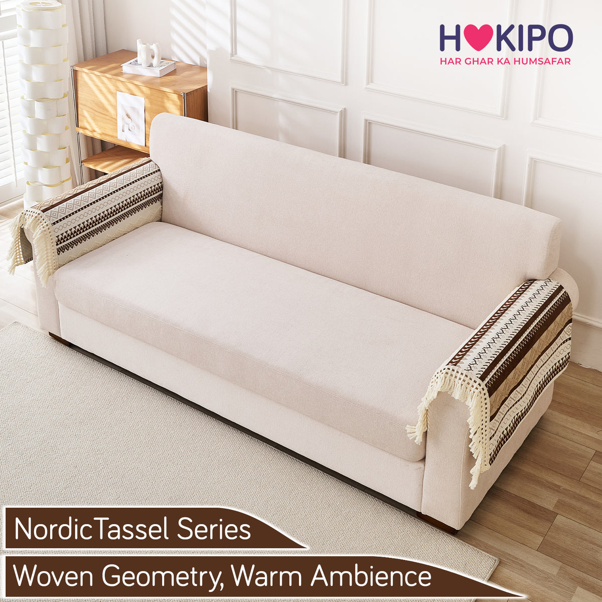 Nordic Boho Geometric Sofa Cover Mat with Tassel, 'Nordic Tassel Series'  Chocolate Brown