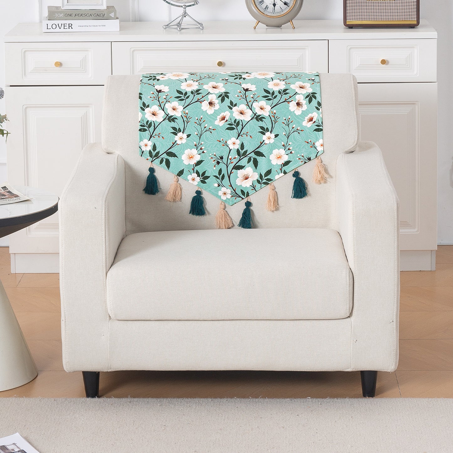 'Whispers of Nature' Series Holland Velvet Sofa Mat with Tassel, Sage Floral Vine