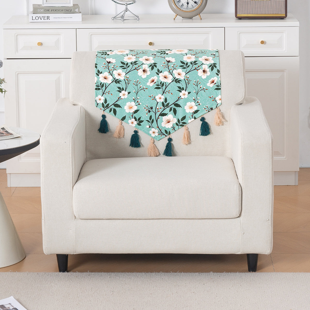 'Whispers of Nature' Series Holland Velvet Sofa Mat with Tassel, Sage Floral Vine