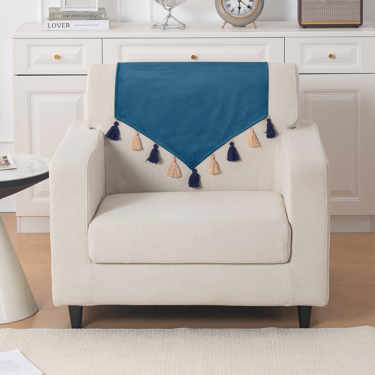 Tassel Tone Holland Velvet Sofa Cover Mat, Sea Blue
