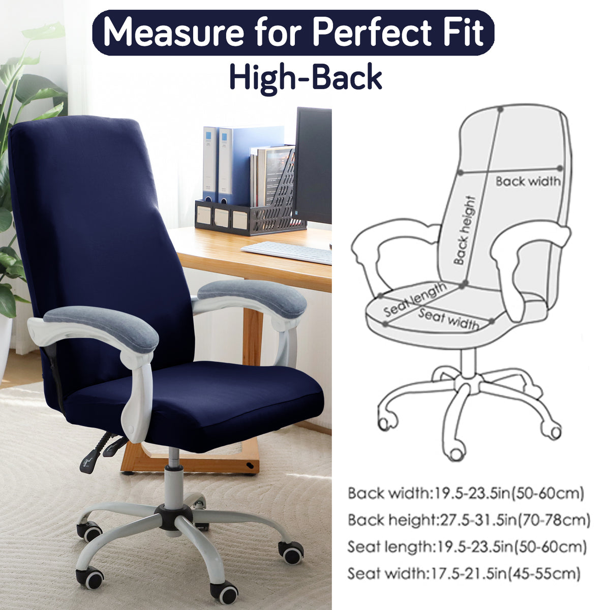 Office Chair Cover for Executive Chair (High-Back) – 140 GSM Stretchable Fabric – Washable & Anti-Slip – Fits Big & Tall Office Chairs, Navy Blue