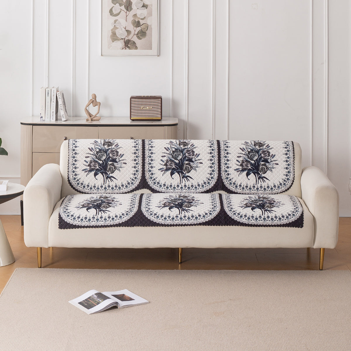 LoomVerse Quilted Sofa Cover Set Washable Sofa Panel for Seat & Back - Midnight Bloom