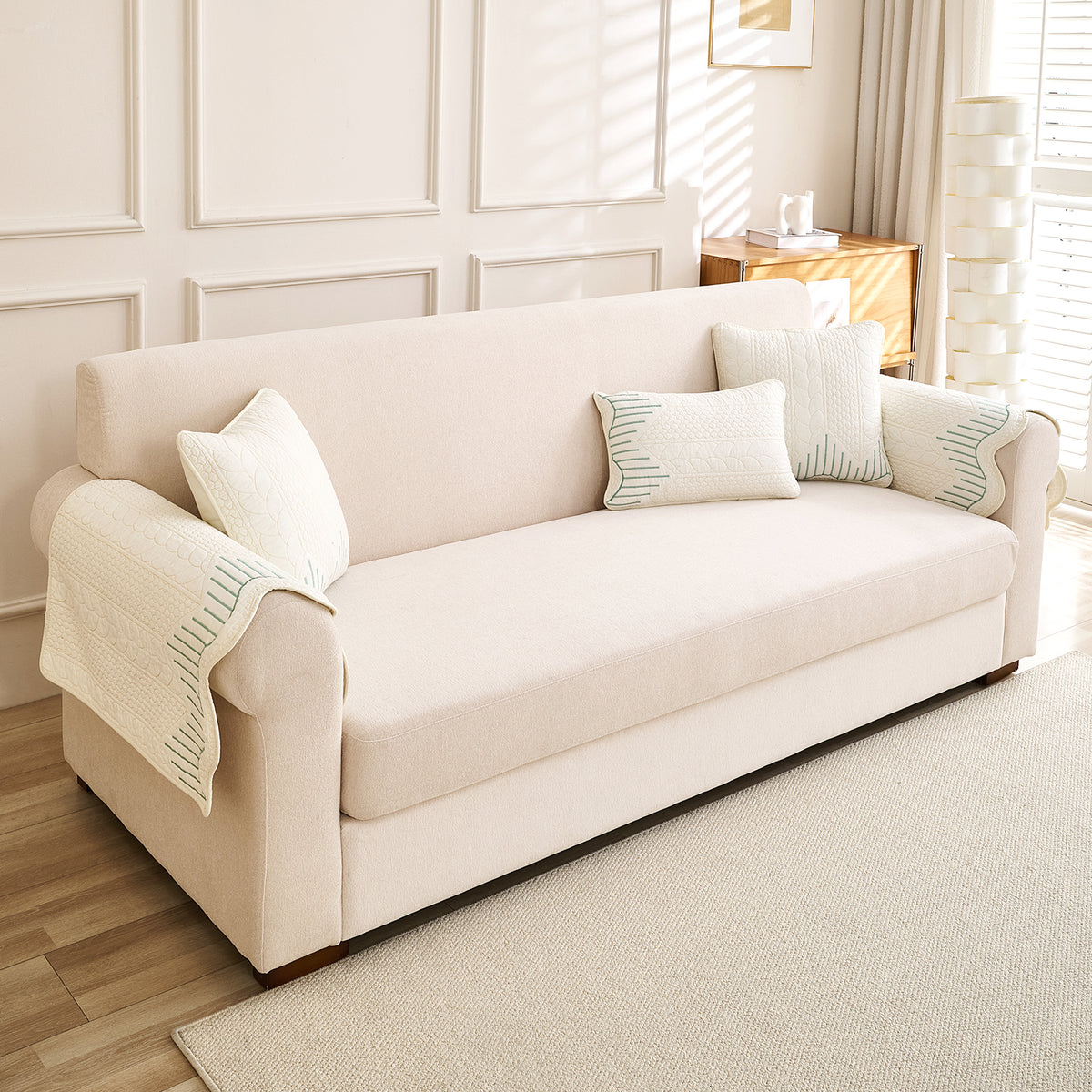 Cotton Reverie with a Curved Wavy Edge Sofa Mat, Greenish Cream