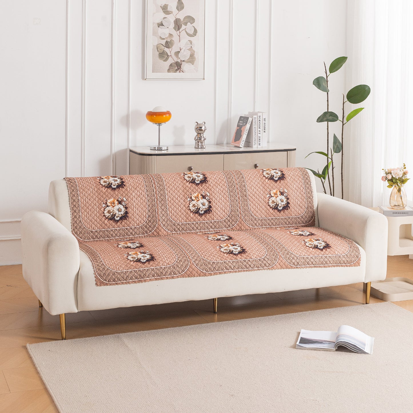 LoomVerse Quilted Sofa Cover Set Washable Sofa Panel for Seat & Back - Vintage Rosette