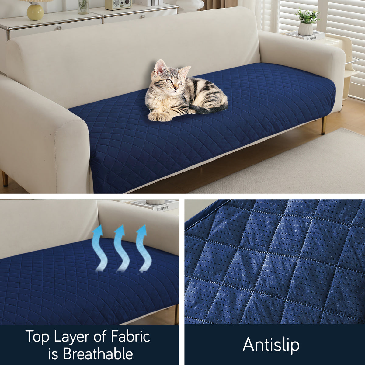 Drylin Quilted Sofa Cover Mat, Navy Blue