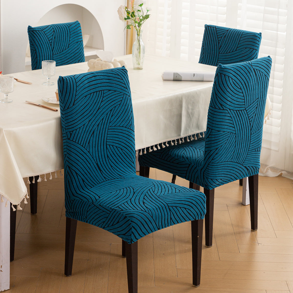 WaveLine Series 180 GSM Jacquard Chair Cover Set of 1/2/4/6, Teal Green