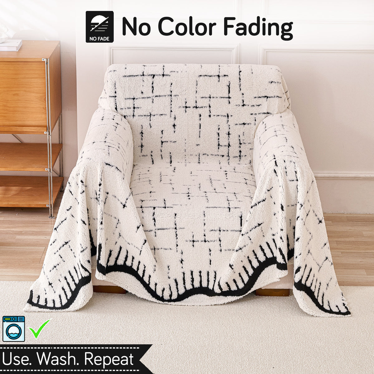 Buy Off-White Colour Supple Soft Wavy Plush Sofa Throw Cover | HOKIPO 
