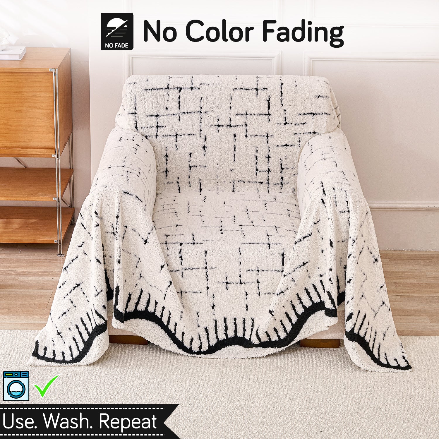 Buy Off-White Colour Supple Soft Wavy Plush Sofa Throw Cover | HOKIPO 