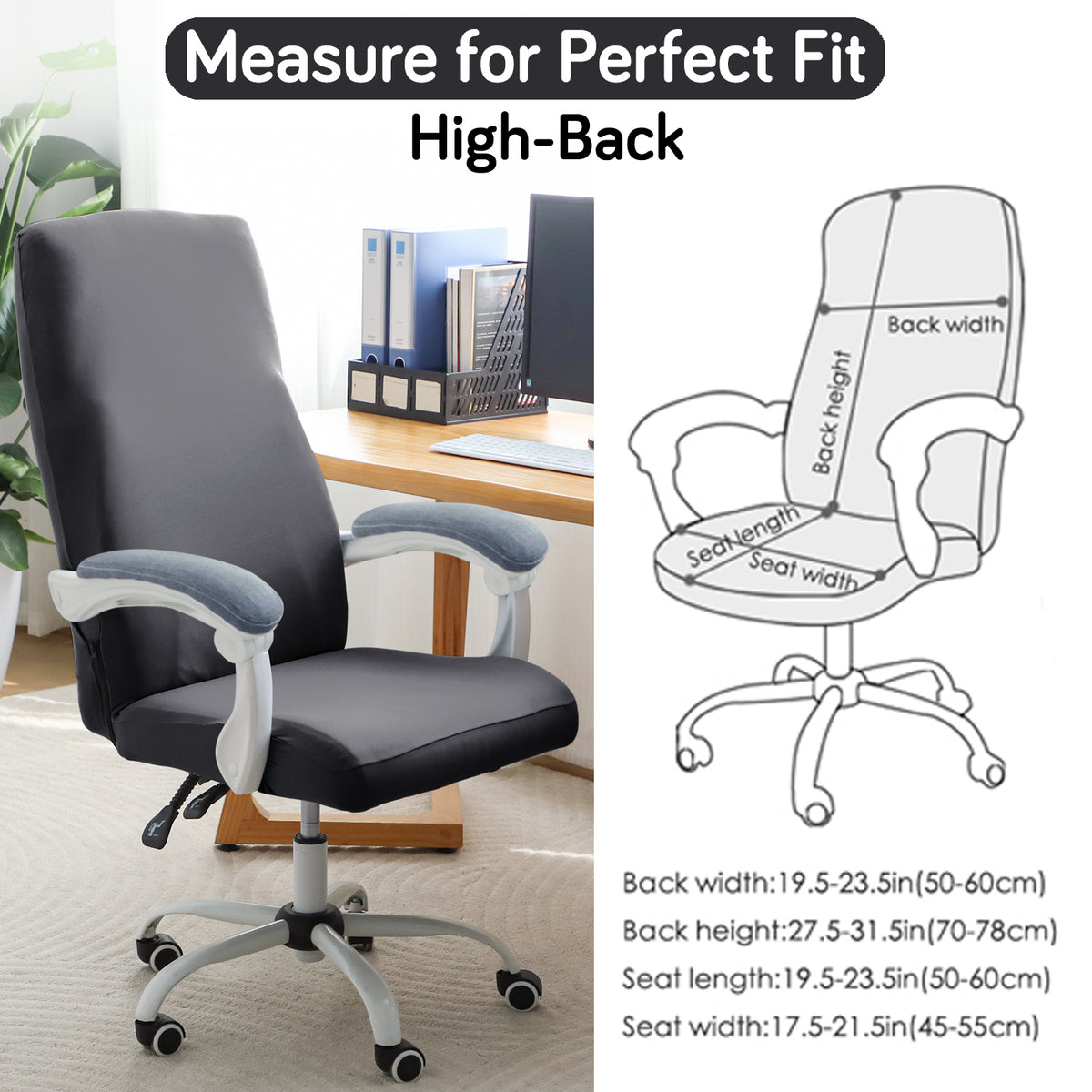Office Chair Cover for Executive Chair (High-Back) – 140 GSM Stretch Fabric – Washable, Durable & Anti-Slip – Fits High-Back Office Chairs, Grey