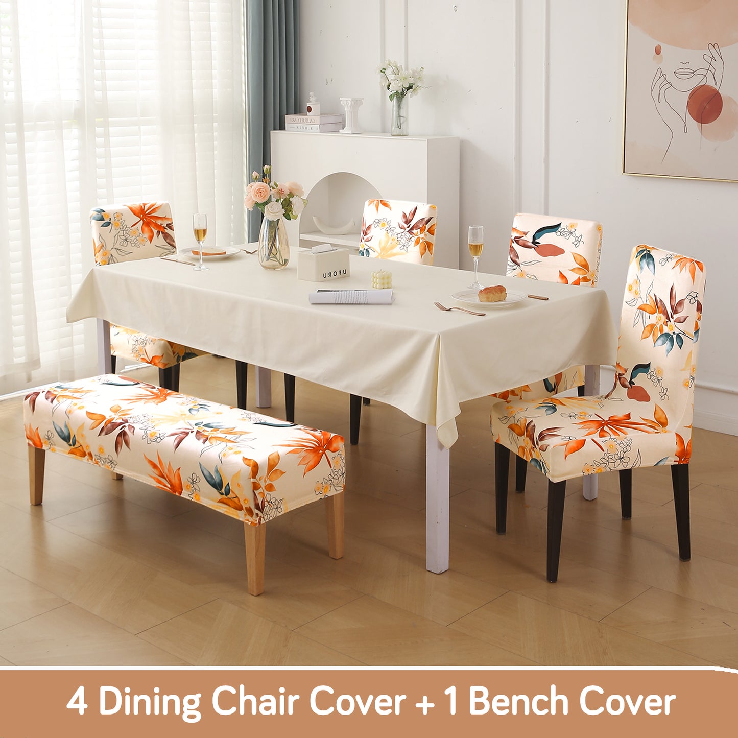 Premium Velvet Cover Set for 4 Dining Chairs + 1 Dining Bench, Amber Serene Flora