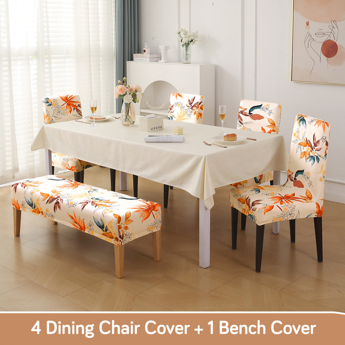 Premium Velvet Cover Set for 4 Dining Chairs + 1 Dining Bench, Amber Serene Flora